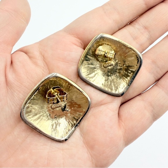 Vintage TAT Signed Statement Earrings Beige Off White Enamel Abstract Cabochon - Picture 4 of 6